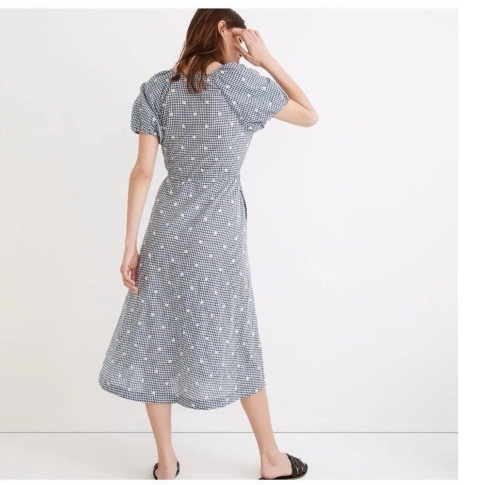 Madewell Gingham Embroidered Dot Puff Sleeve Midi Dress Navy White XXS - Picture 2 of 8